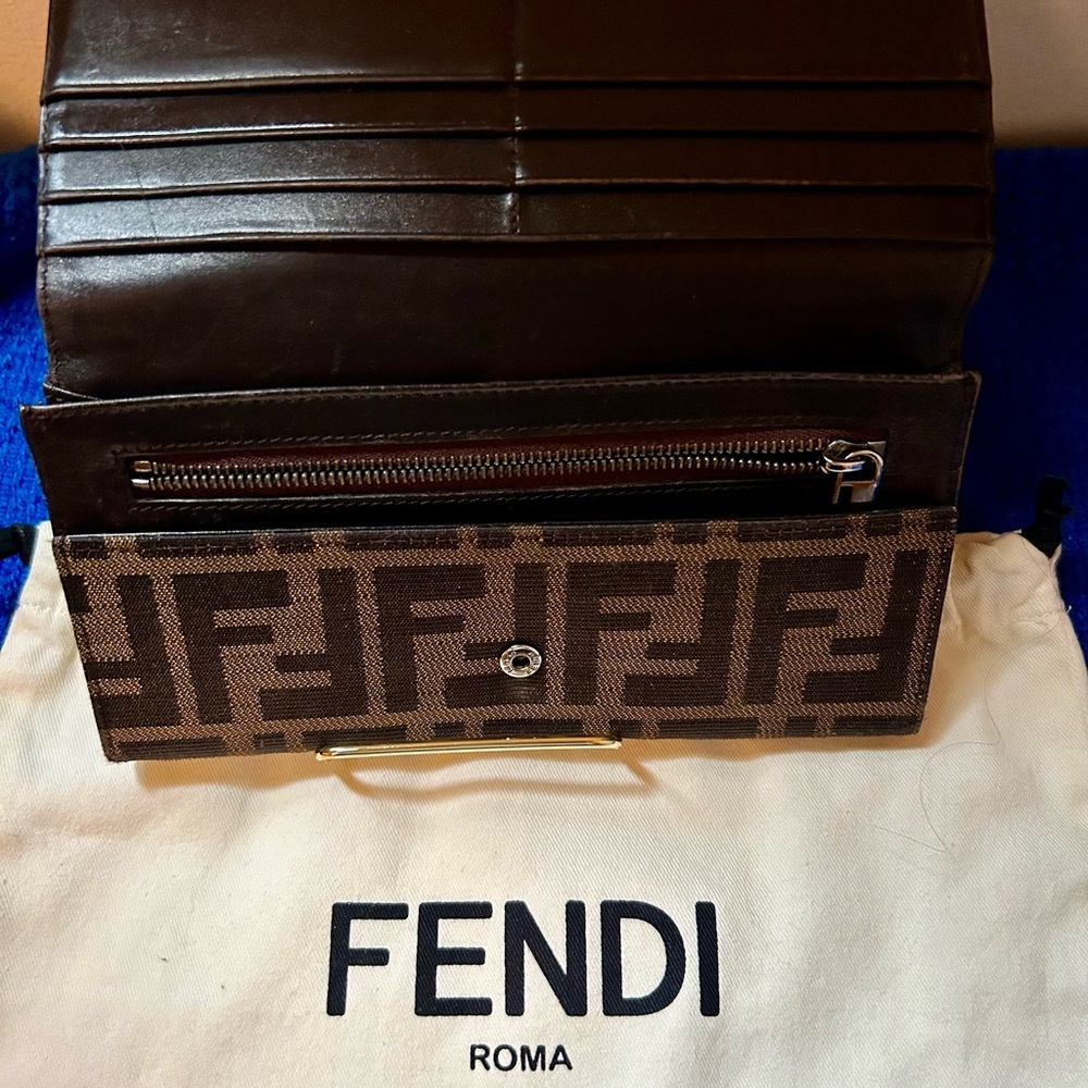 Fendi Zucca FF Chocolate Leather - Canvas Print Long Wallet With Dust Bag - Picture 3 of 9
